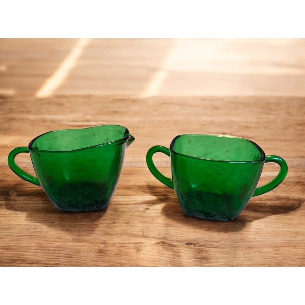 Vintage Anchor Hocking Emeral Green Glass Square Sugar and Creamer 1950's